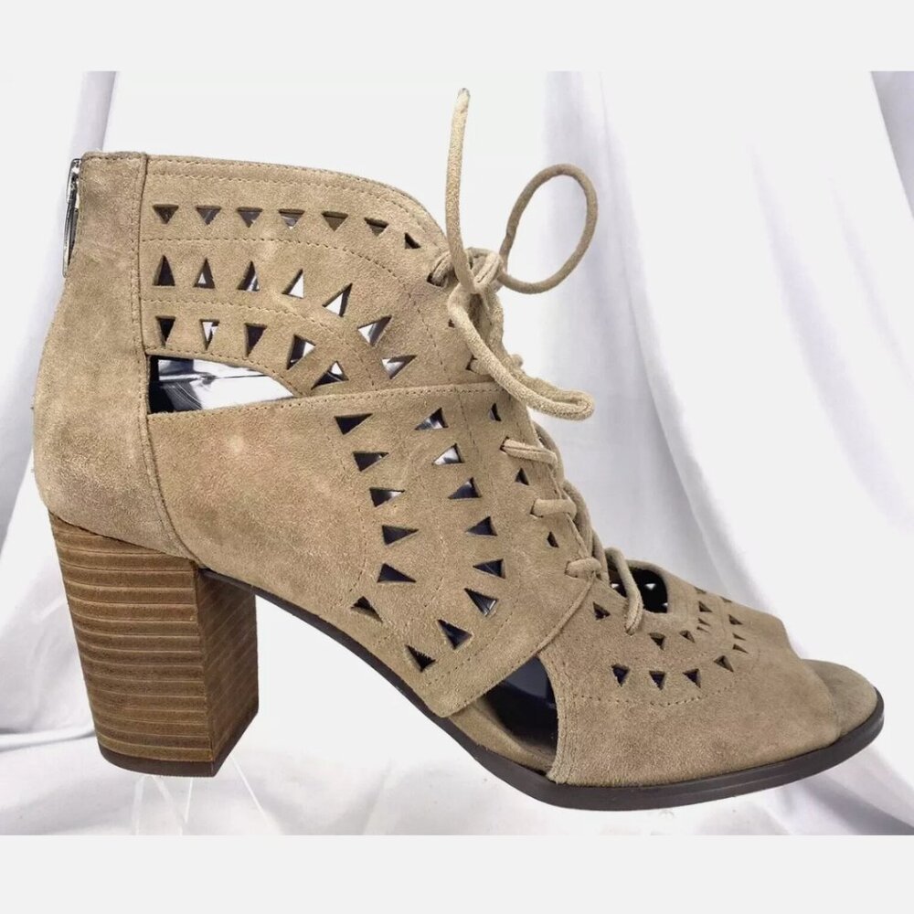 Vince Camuto Heel Booties Womens 8 Lallia Block Heels Suede Lace Up Lazer Cut
